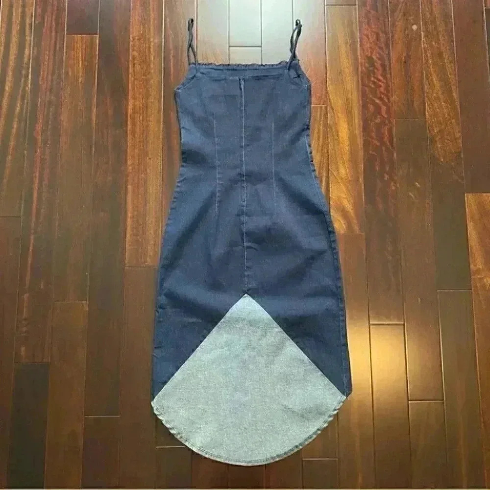 Le Chateau Dark Blue Denim Slip Dress Bodycon Stretch High Low Size Small - Picture 15 of 16